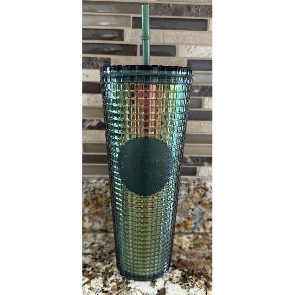 Starbucks 2022 Green Aqua Grid Rainforest Venti Tumbler 24oz Cup